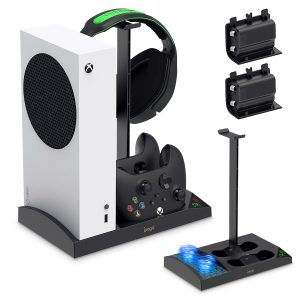 Auarte Upgraded Cooling Fan Stand for Xbox Series S Console,Wireless Controller Dual Charging Station Dock with 2 x 1400mAh Rechargeable Batteries Packs,Headset Holder for Xbox Series S,Black
